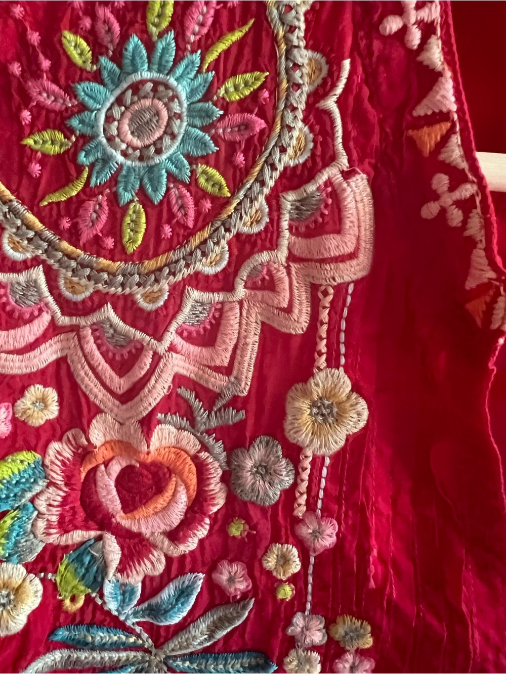 Johnny Was Red Embroidered Button Neck Tunic Blouse - Picture 5 of 13